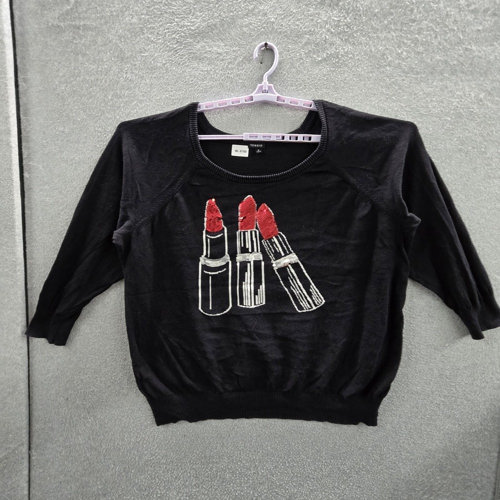Torrid Women Sweater 4 Black Graphic Lipsticks Whimsical Sequin